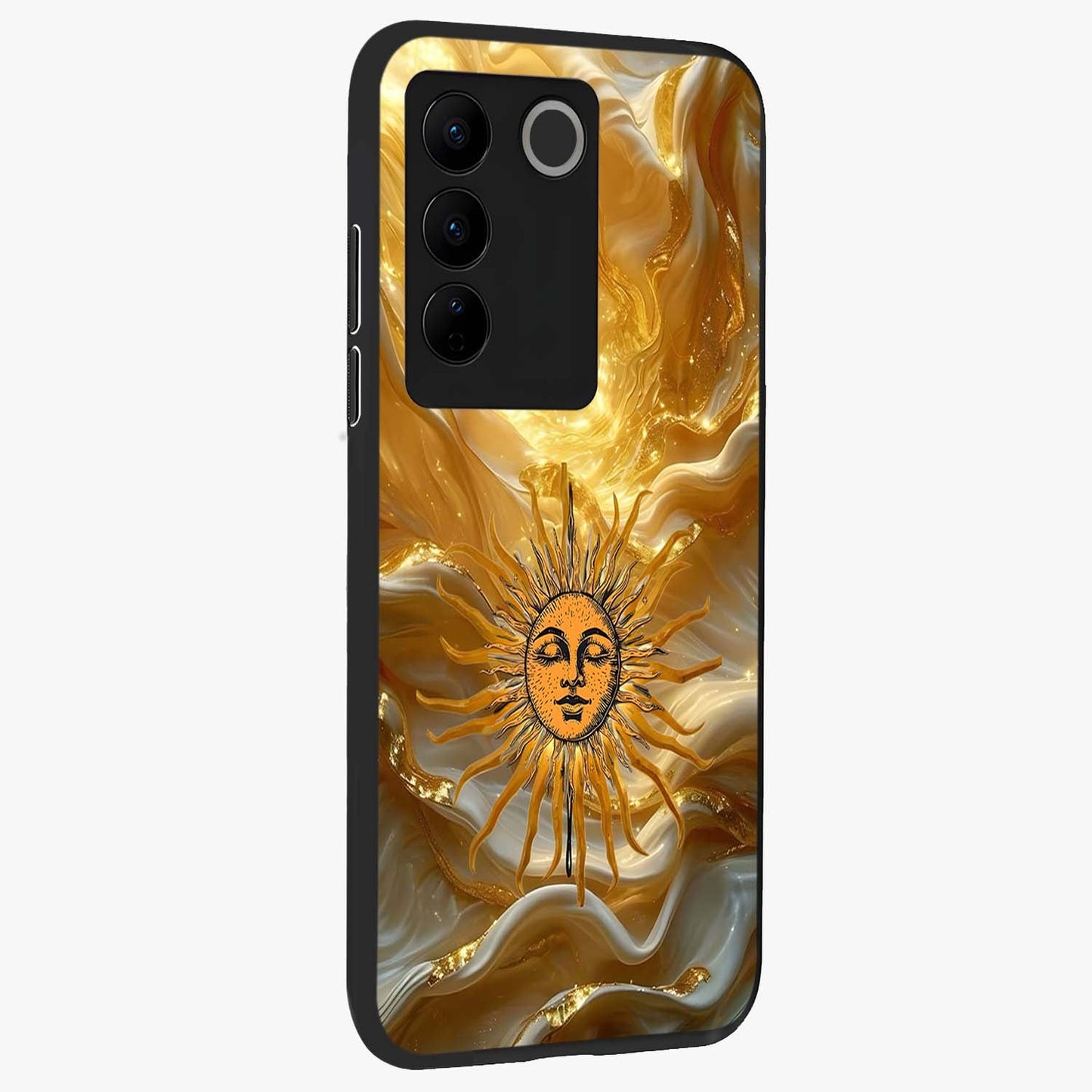 Eternal Golden Glow Glass Case upright view showcasing luminous golden artwork with luxurious visual theme.