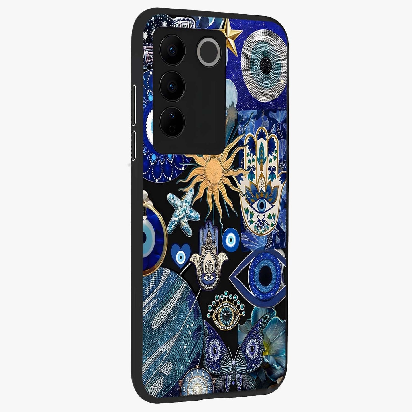 Evil Eye Charm Mix Glass Case upright view showcasing mystical evil eye pattern with vibrant decorative style.