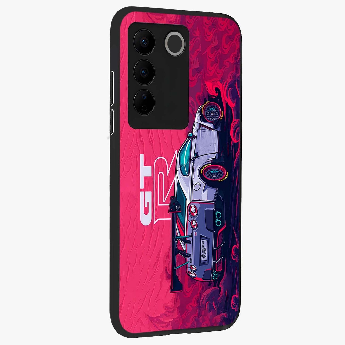 GT-R Car Pattern Glass Case upright view showcasing dynamic car pattern artwork with modern sports theme.