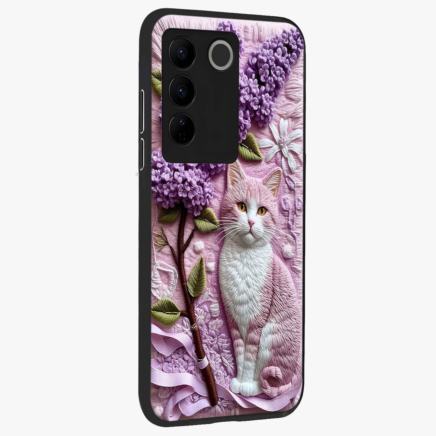 Lavender Cat Whimsy Glass Case upright view showcasing charming cat artwork with whimsical lavender theme.