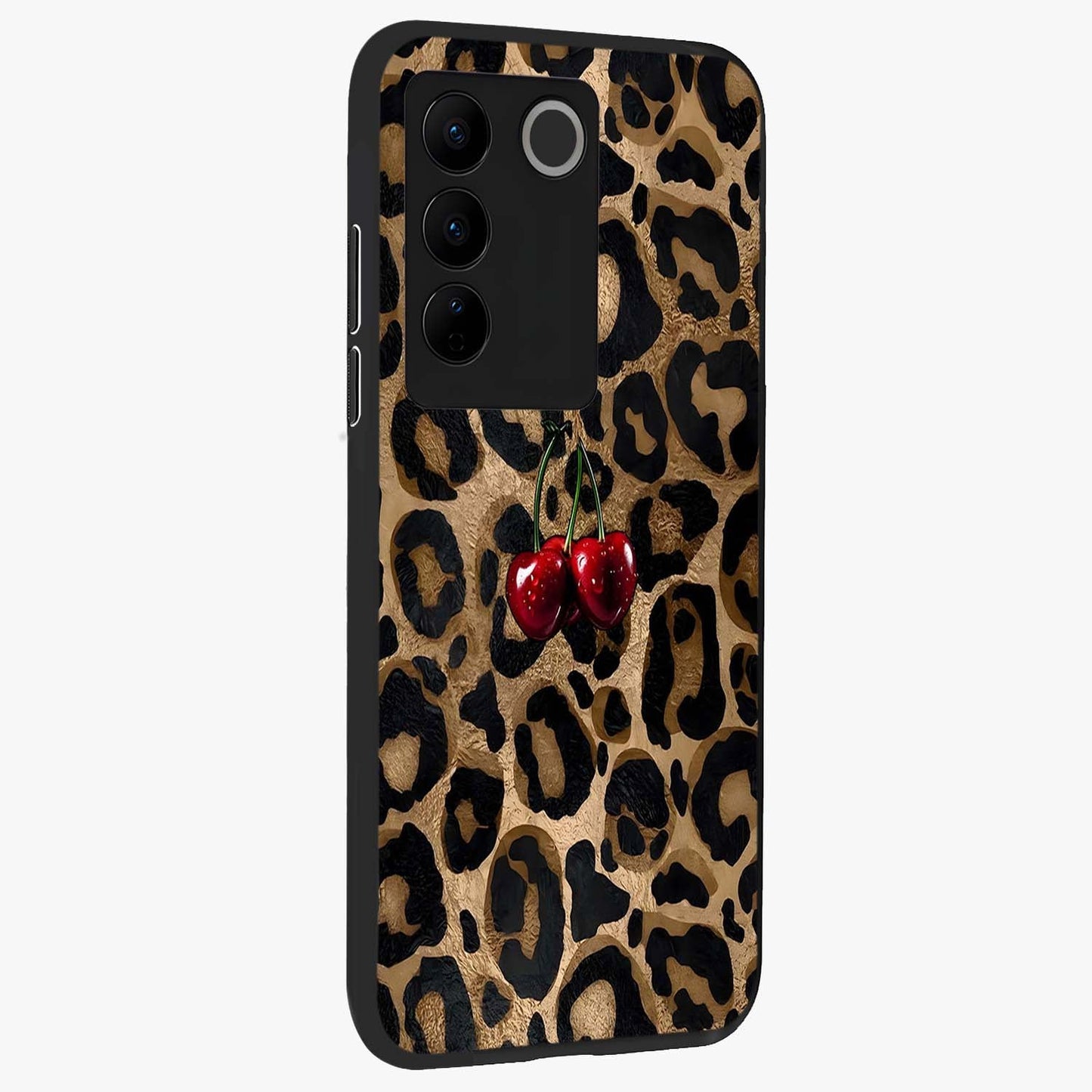 Leopard Wild Cherry Glass Case upright view showcasing stylish leopard pattern artwork with trendy fashion theme.