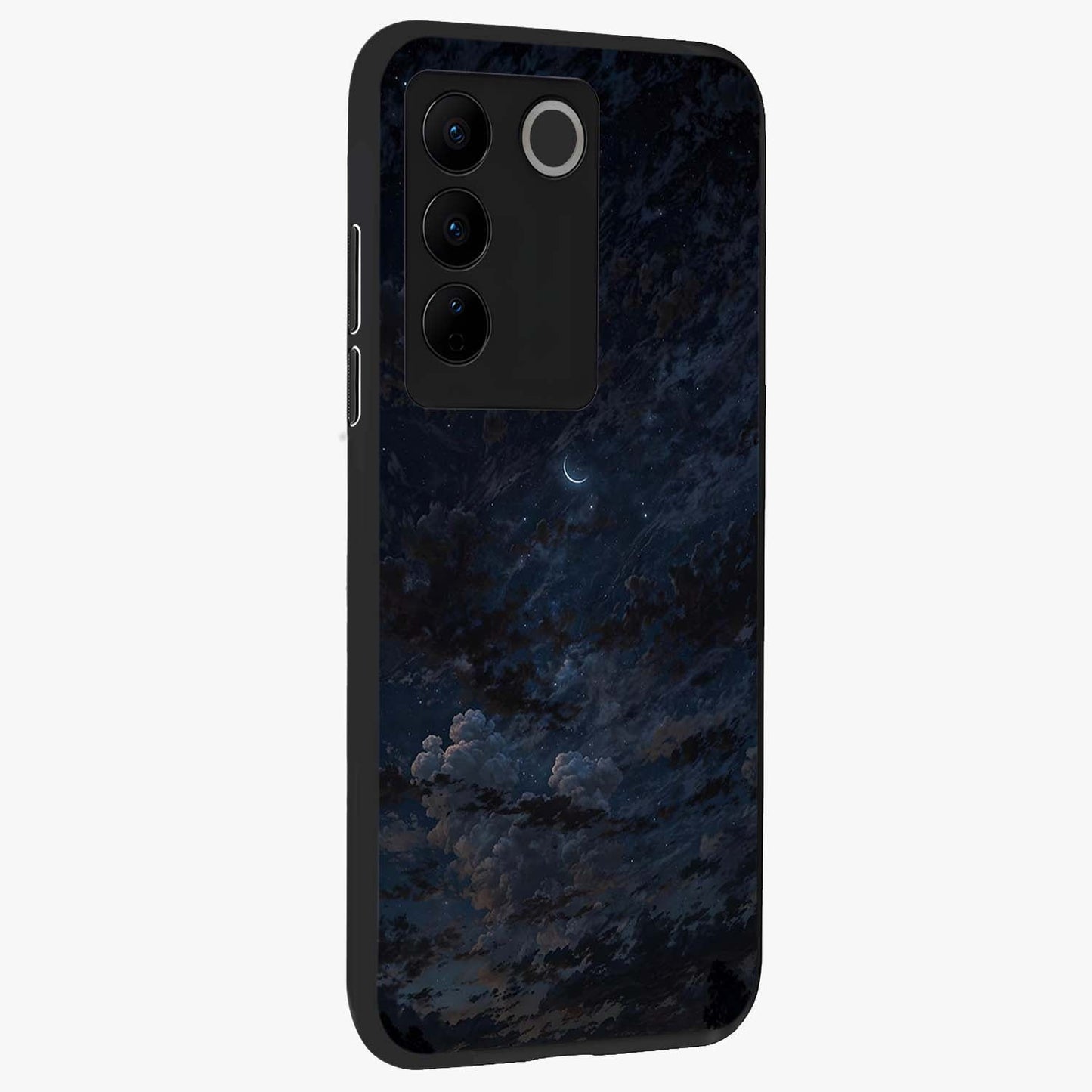 Lunar Veil Silence Glass Case upright view showcasing calm moon themed artwork with serene night atmosphere.