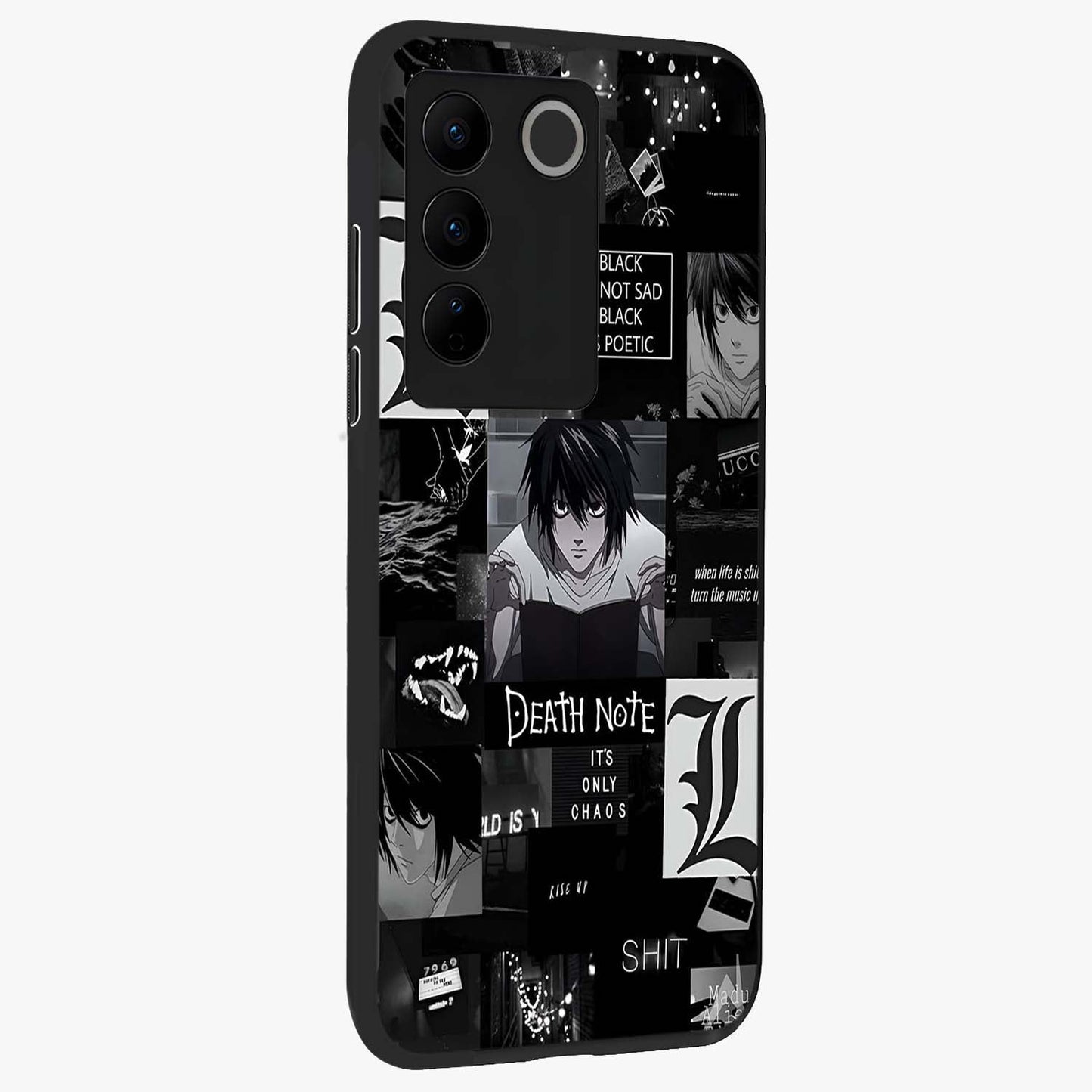 Midnight Chaos Mind Glass Case upright view showcasing expressive abstract artwork with bold dark theme.