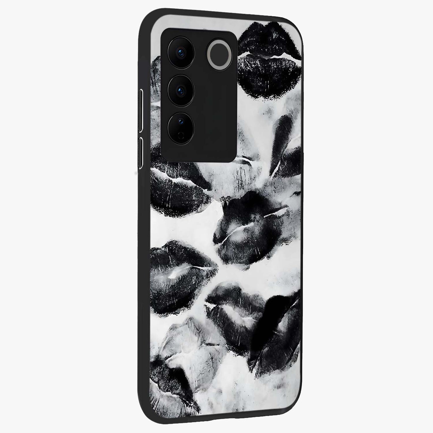 Midnight Kiss Marks Glass Case upright view showcasing stylish kiss mark artwork with trendy romantic theme.