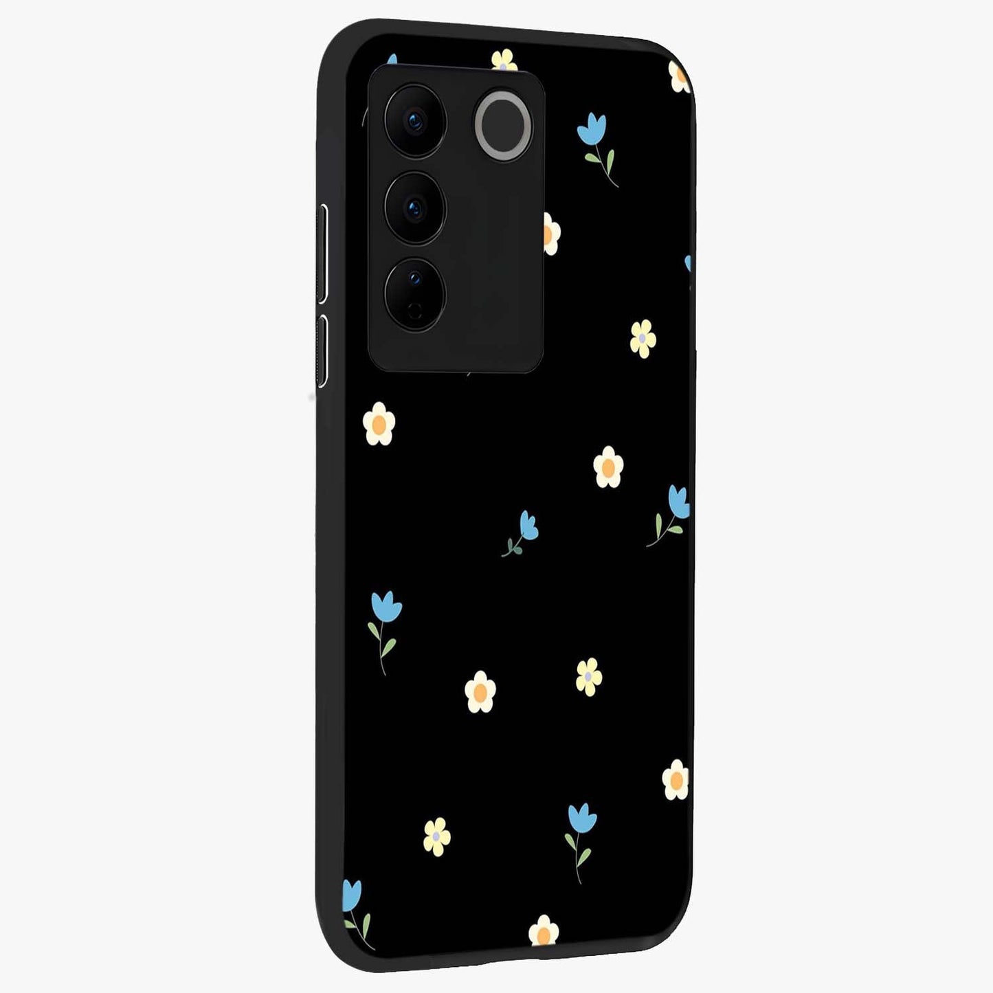 Minimal Petal Whispers Glass Case upright view showcasing elegant floral artwork with modern minimalist style.