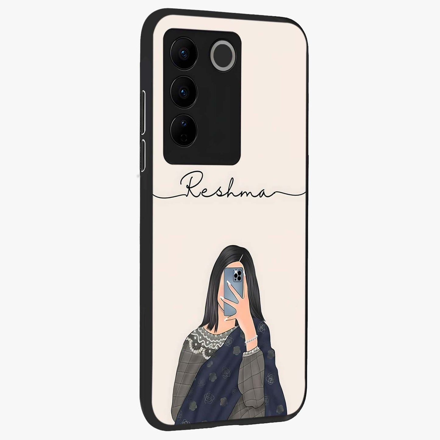 Mirror Mood Muse With Custom Name Glass Case upright view showcasing artistic mirror themed artwork with personalized aesthetic.
