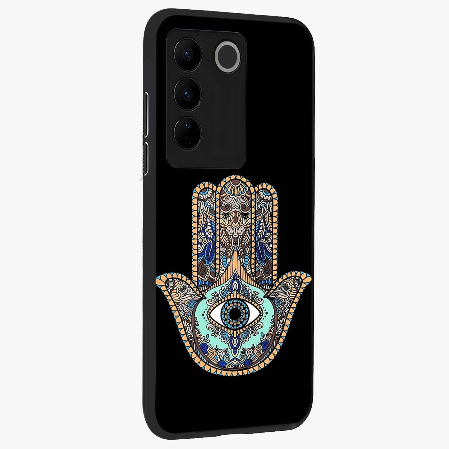Mystic Hamsa Eye Glass Case upright view showcasing detailed hamsa eye artwork with protective spiritual theme.