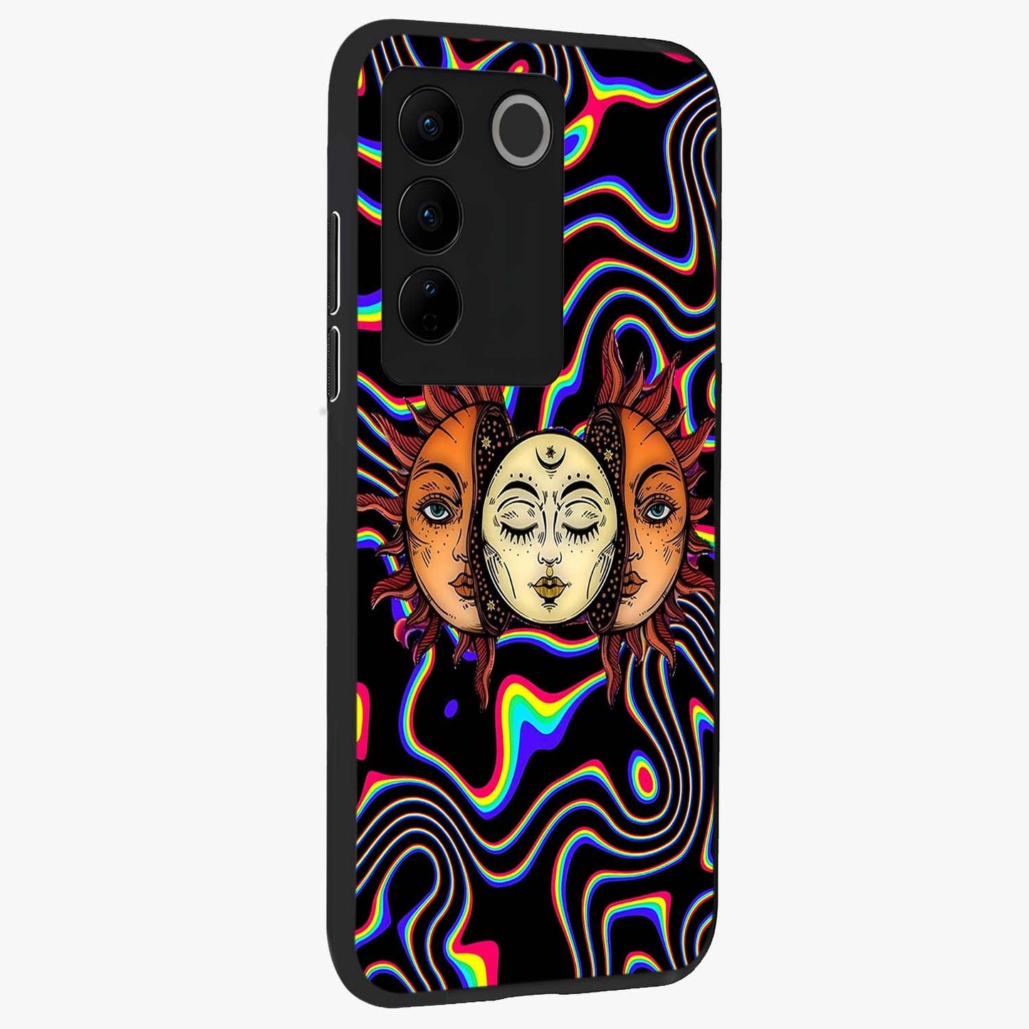 Psychedelic Sun Glass Case upright view showcasing trippy sun artwork with bold psychedelic theme.