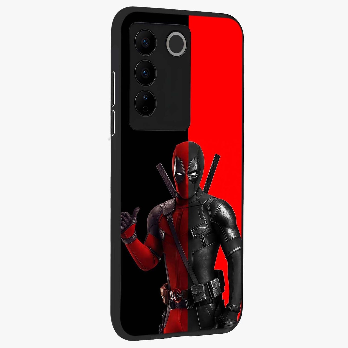 Red & Black Deadpool Theme Glass Case upright view showcasing energetic comic themed artwork with striking red and black design.