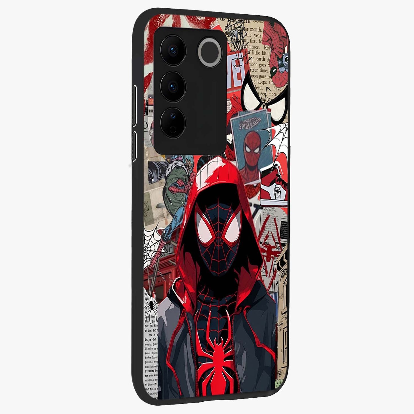 Spider Collage Street Glass Case upright view showcasing bold superhero artwork with urban street theme.