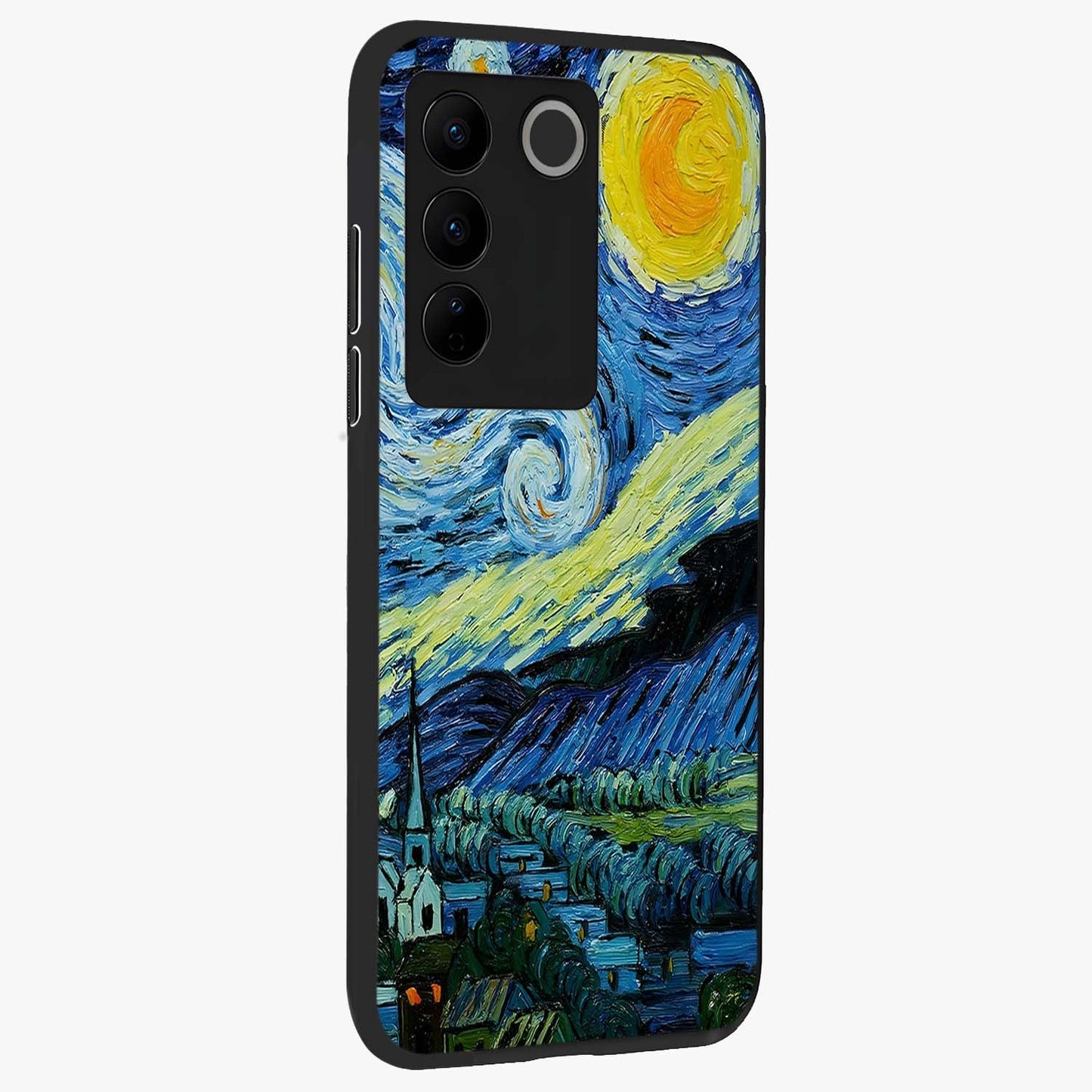 Van Gogh Art Glass Case upright view showcasing expressive painting style artwork with timeless artistic theme.