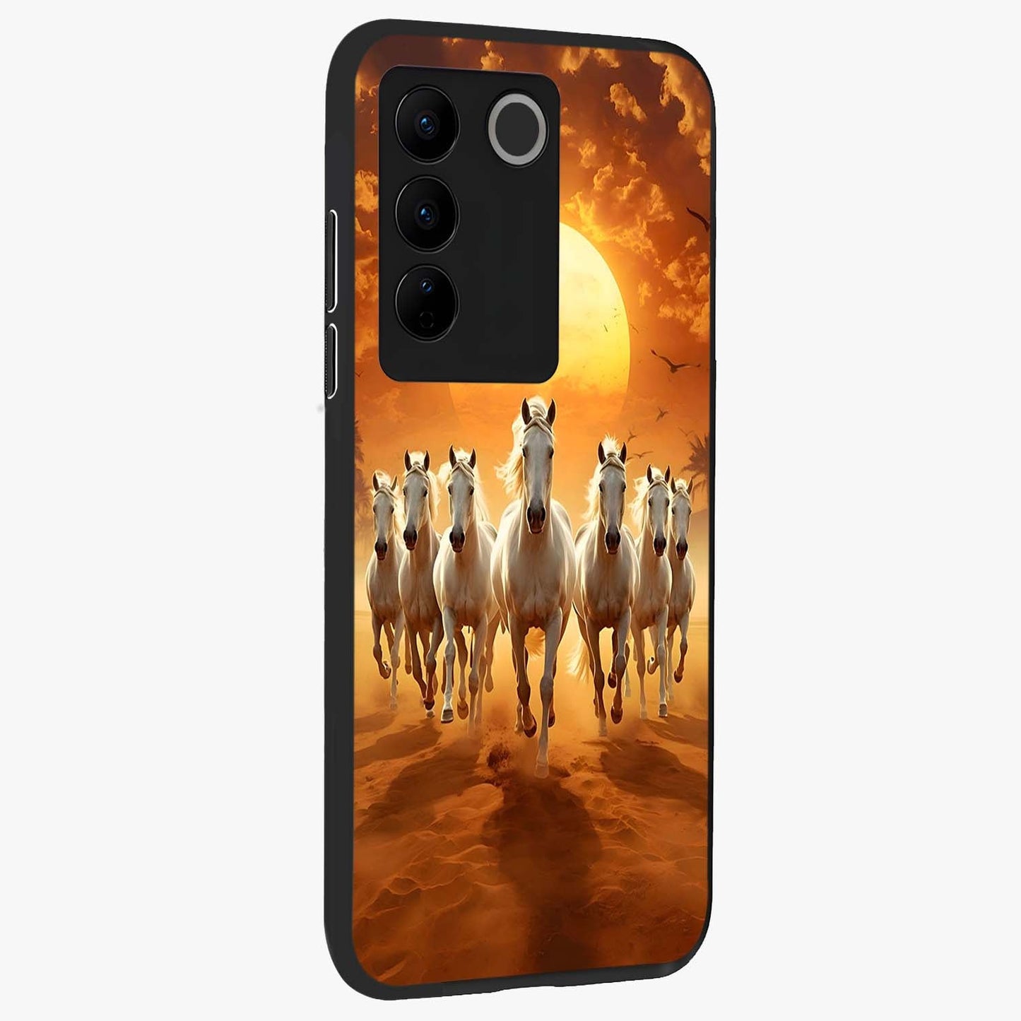 Wild Sunset Majesty Glass Case upright view showcasing dramatic sunset artwork with bold nature theme.
