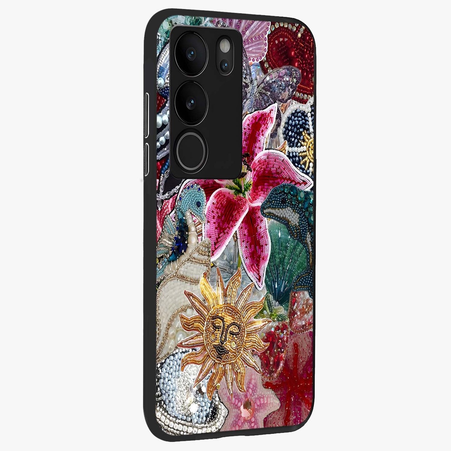 Beaded Garden Fantasy Glass Case upright view showcasing whimsical garden aesthetic with artistic bead details.