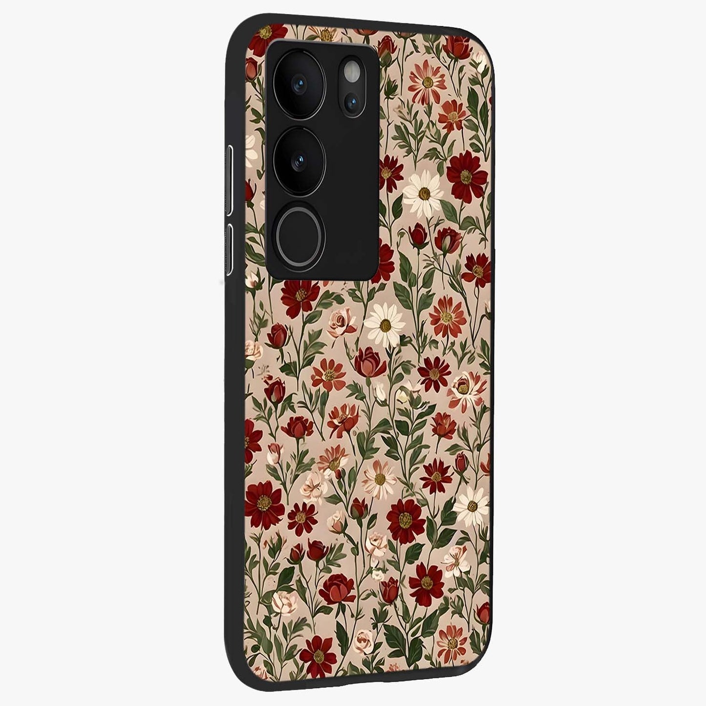 Biege Flower With Leaf Glass Case upright view showcasing delicate beige flower illustration with clean botanical style.