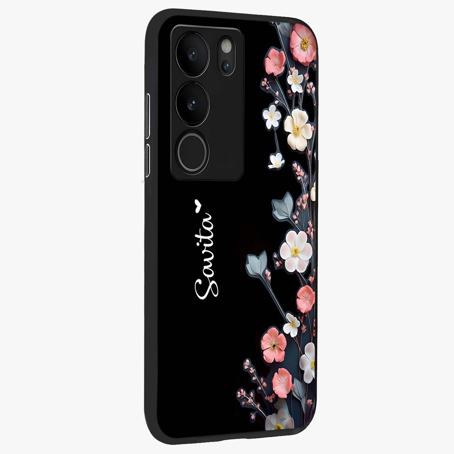 Black Elegance Floral Custom Name Glass Case upright view showcasing luxurious black floral design with personalized name detail.