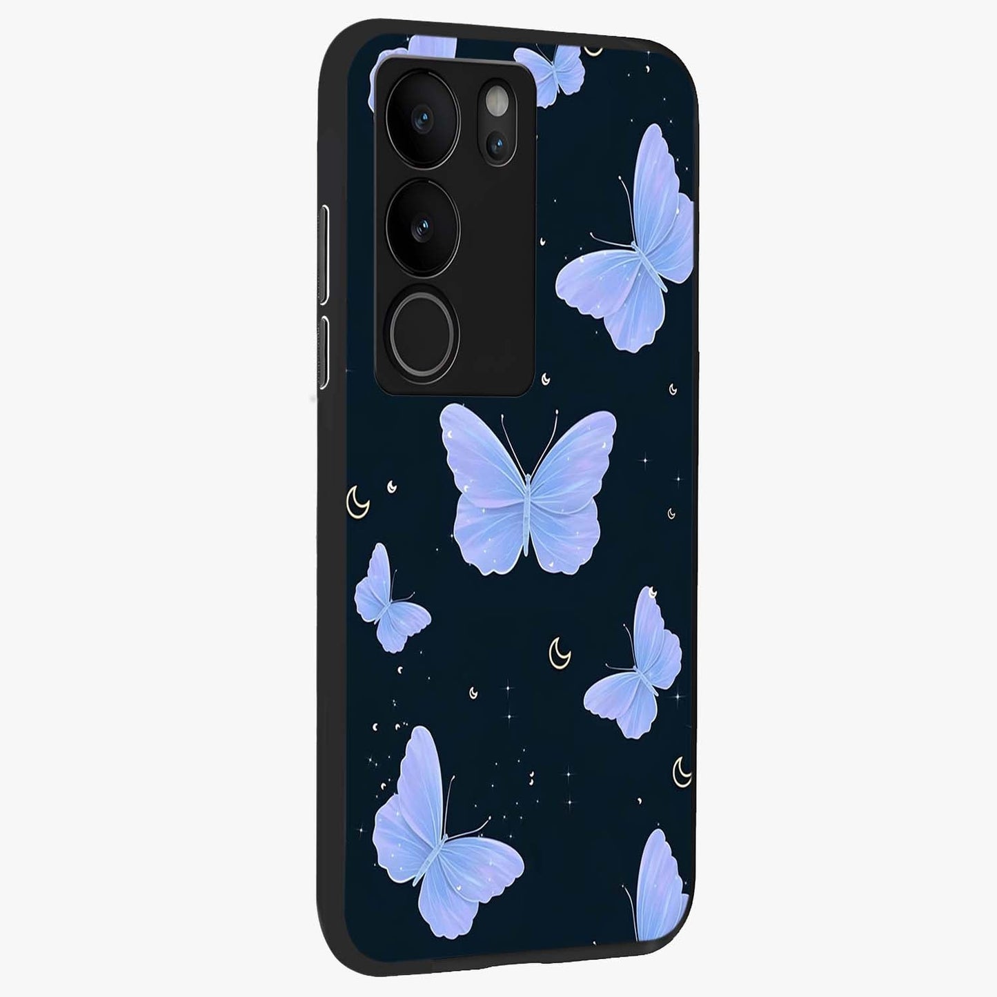 Butterfly With Stars Pattern Glass Case upright view showcasing celestial butterfly artwork with sparkling star elements.