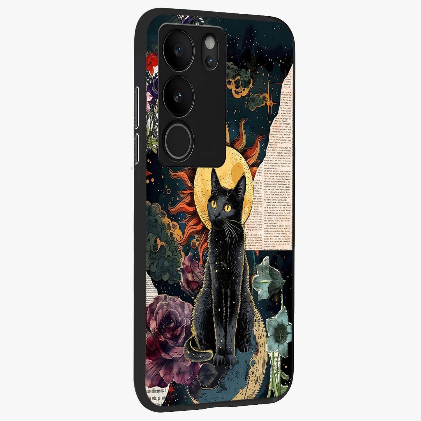 Celestial Black Cat Glass Case upright view showcasing magical black cat illustration with starry cosmic theme.