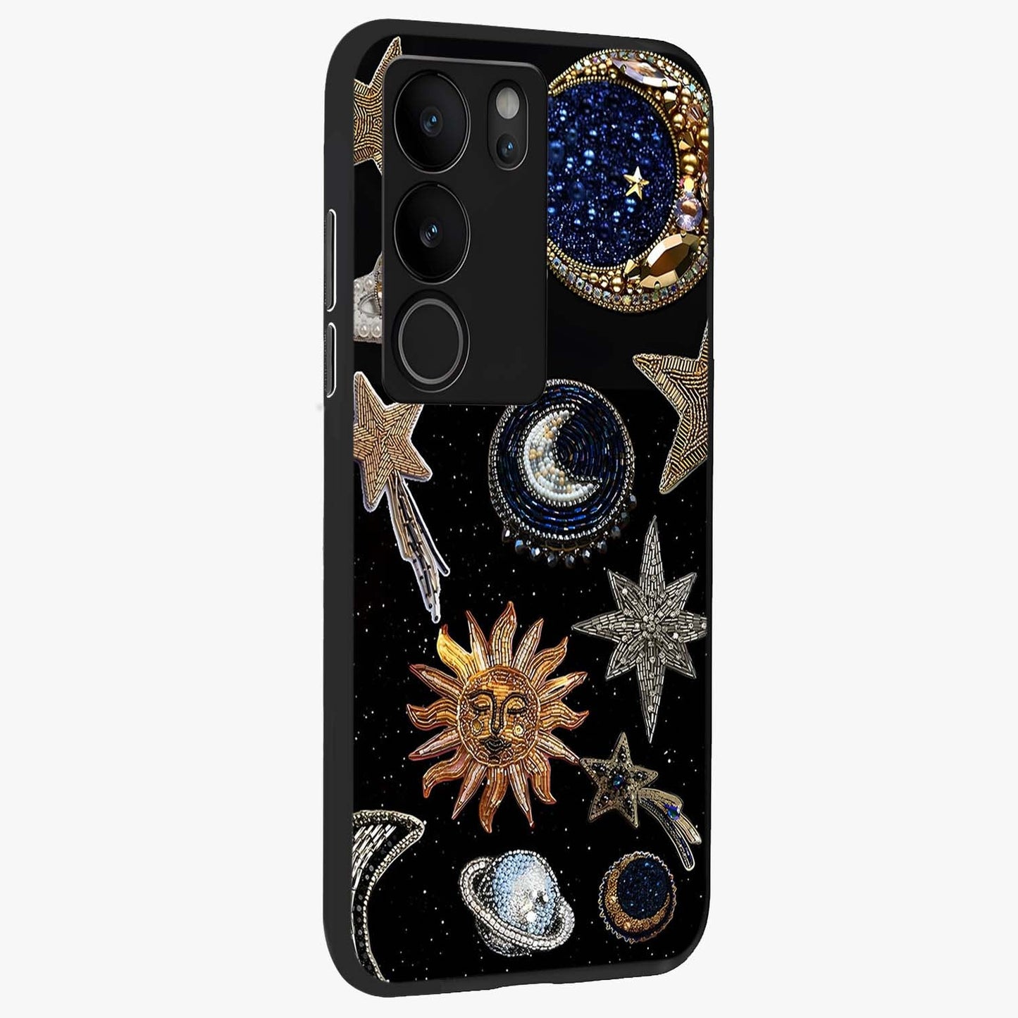 Celestial Gem Constellations Glass Case upright view showcasing cosmic constellation artwork with celestial aesthetic style.