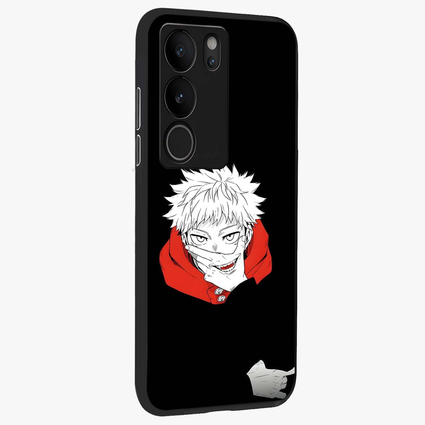 Crimson Chaos Smile Glass Case upright view showcasing expressive chaotic artwork with striking visual theme.