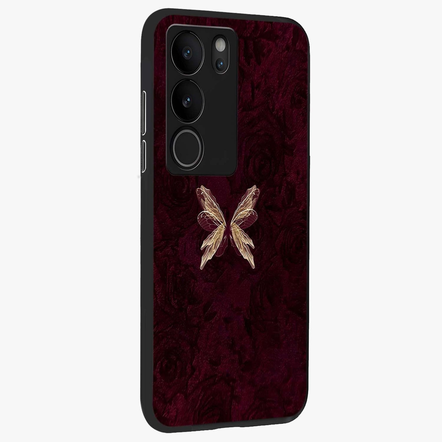 Crimson Fade Butterfly Glass Case upright view showcasing graceful butterfly artwork with soft crimson fade effect.