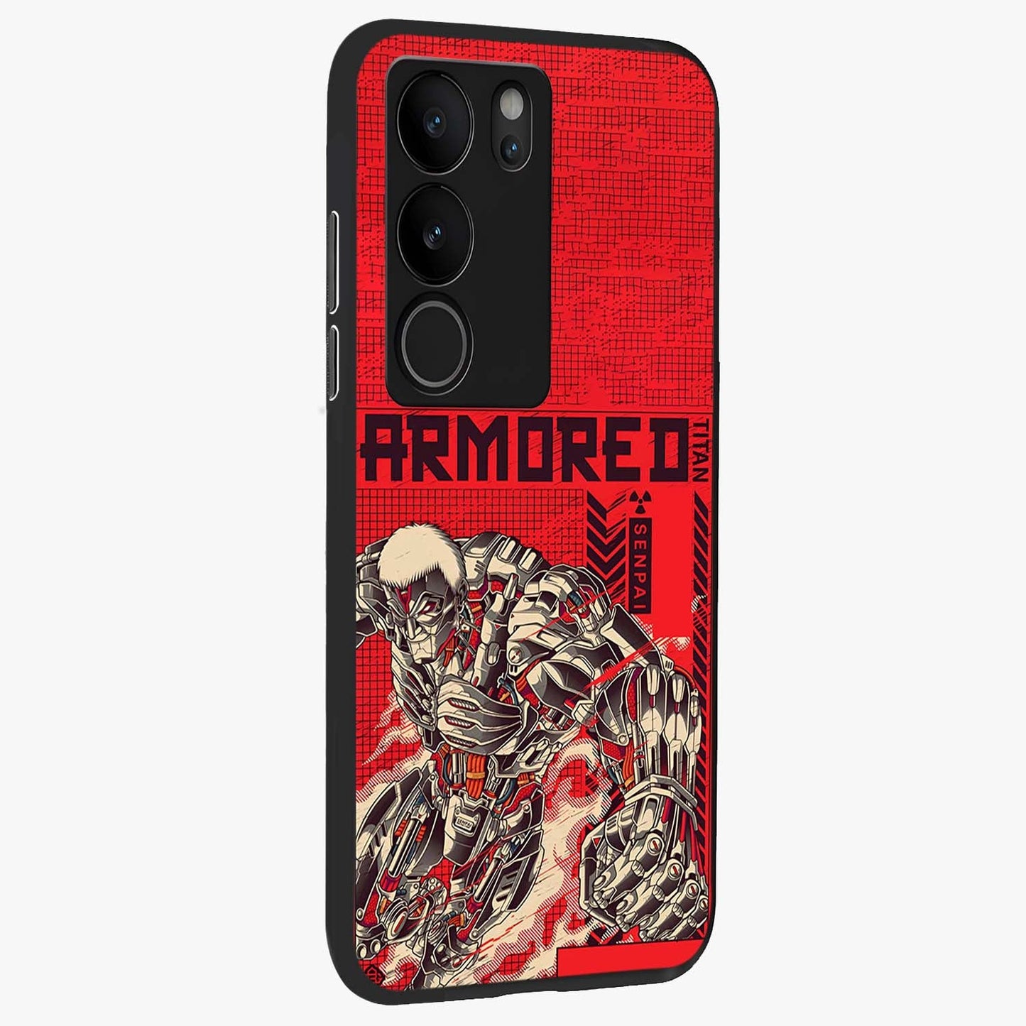 Crimson Mecha Titan Glass Case upright view showcasing dynamic robotic titan design with sci-fi inspired theme.