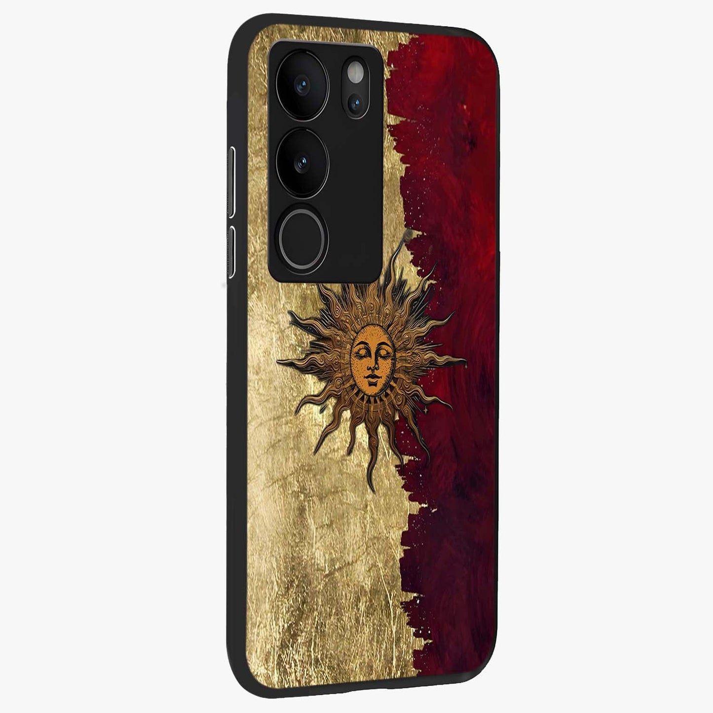 Crimson Sun Majesty Glass Case upright view showcasing vibrant sun artwork with powerful celestial theme.