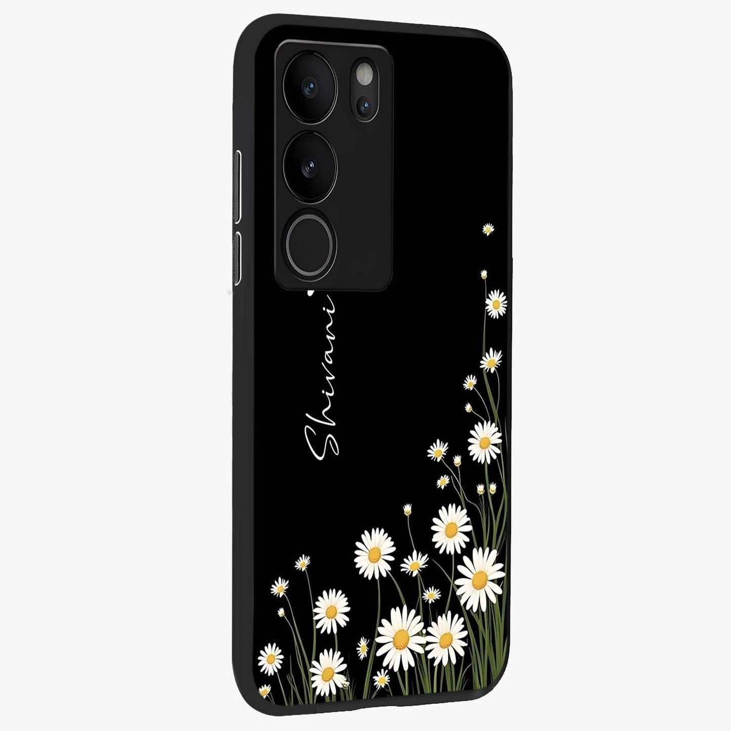 Daisy Cascade Custom Name Glass Case upright view showcasing elegant floral cascade design with personalized aesthetic.