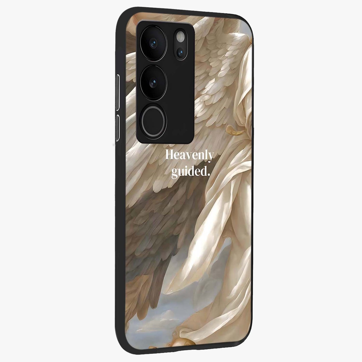 Divine Winged Grace Glass Case upright view showcasing spiritual wing artwork with soft celestial theme.