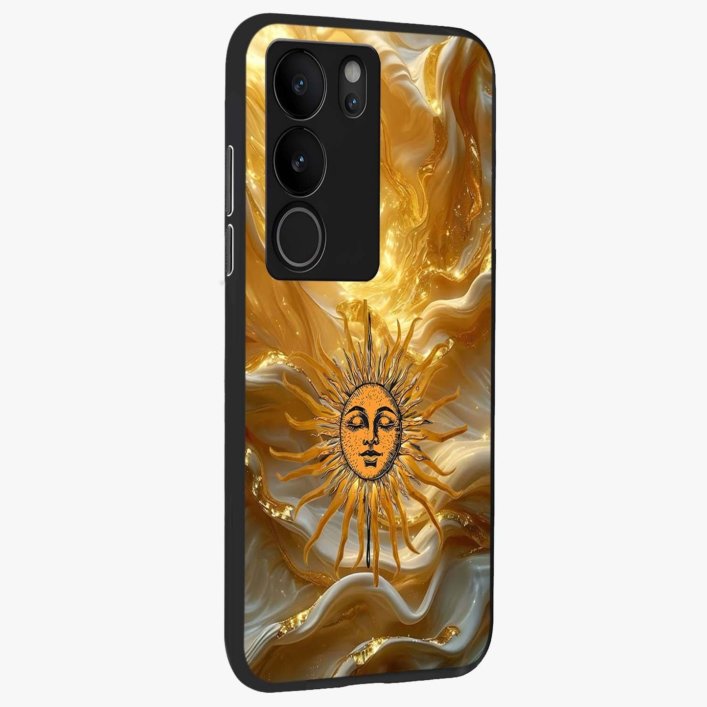 Eternal Golden Glow Glass Case upright view showcasing luminous golden artwork with luxurious visual theme.