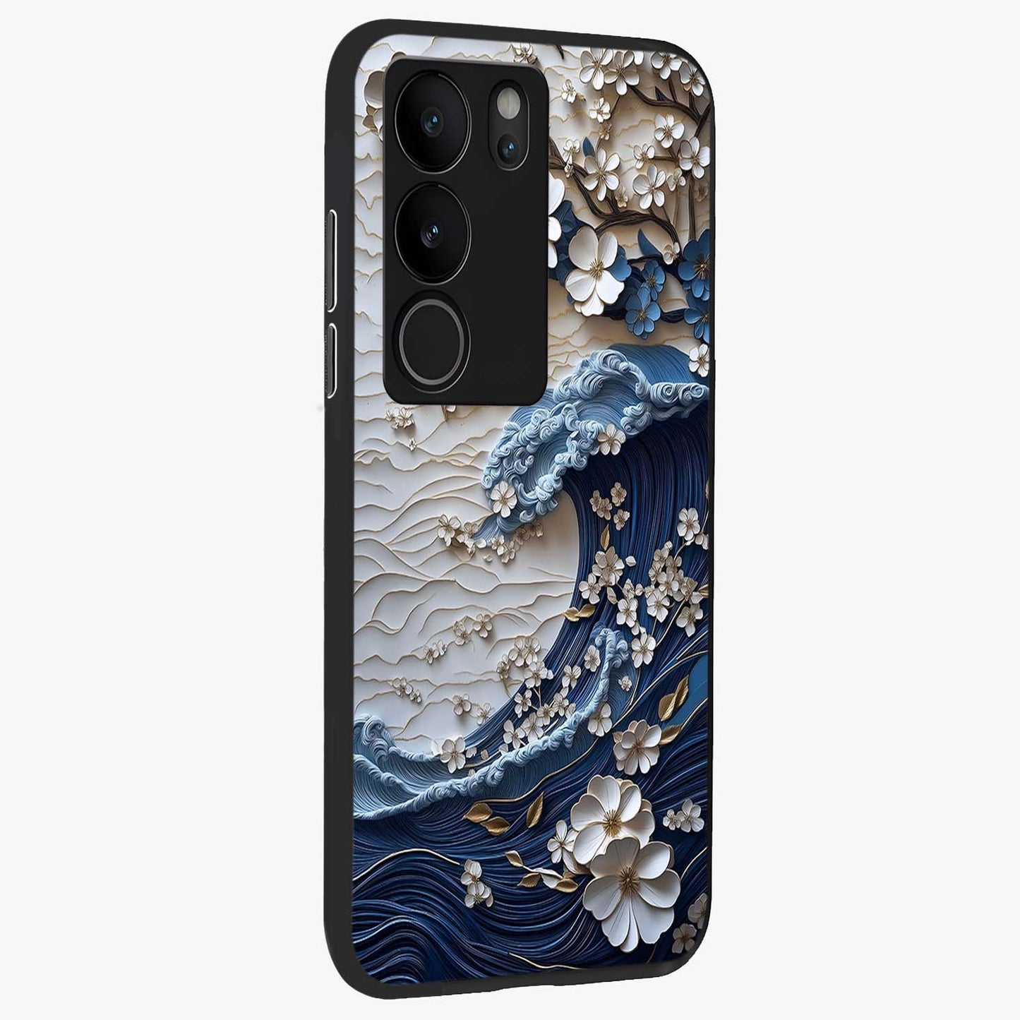 Floral Wave Origami Glass Case upright view showcasing creative floral origami artwork with artistic decorative theme.