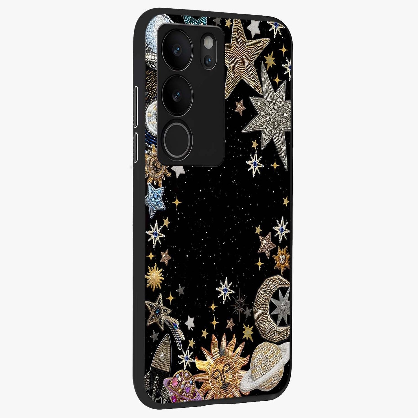Galactic Jewel Stars Glass Case upright view showcasing glittering star jewel artwork with vibrant galaxy theme.