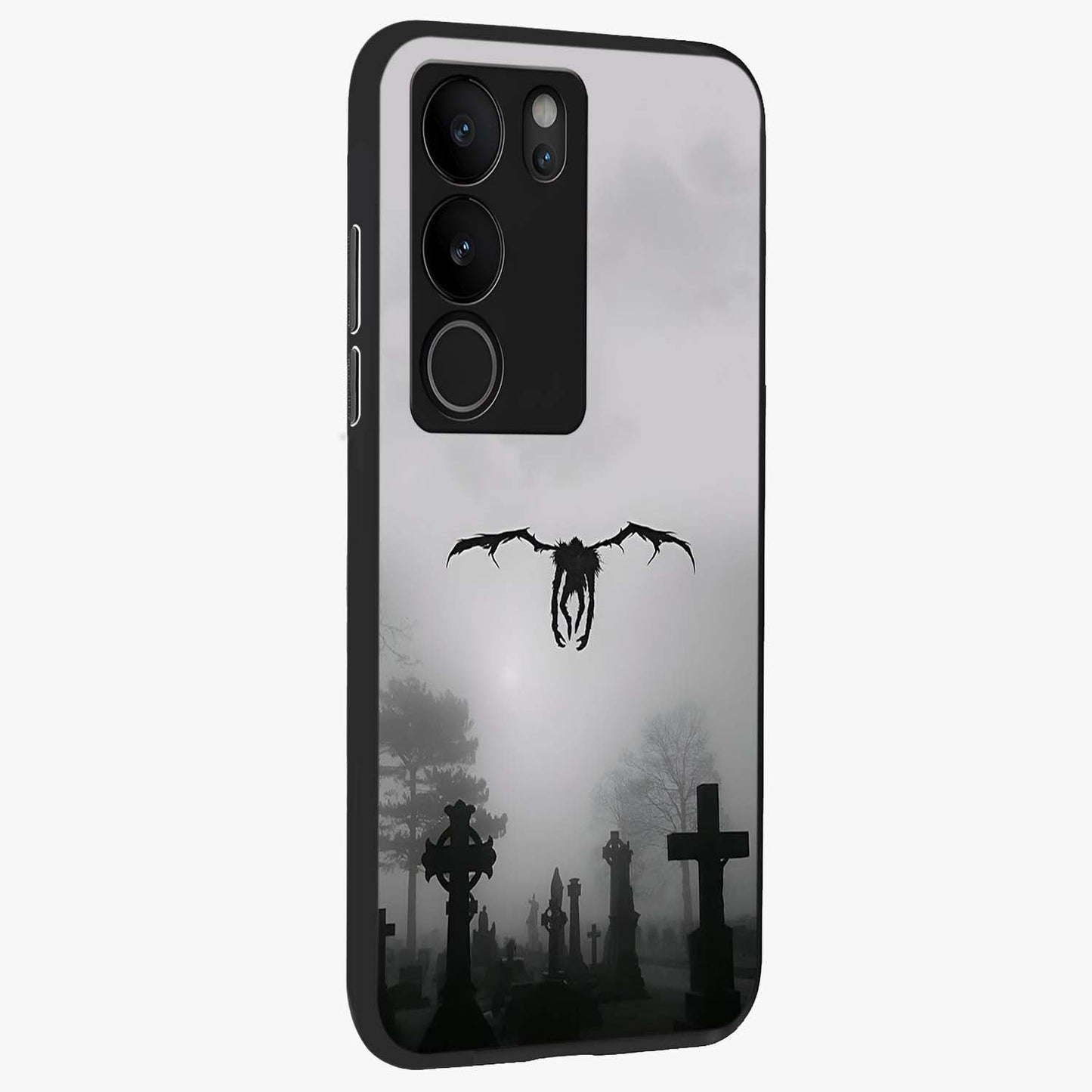 Graveyard Shadow Descent Glass Case upright view showcasing haunting graveyard artwork with dramatic dark theme.