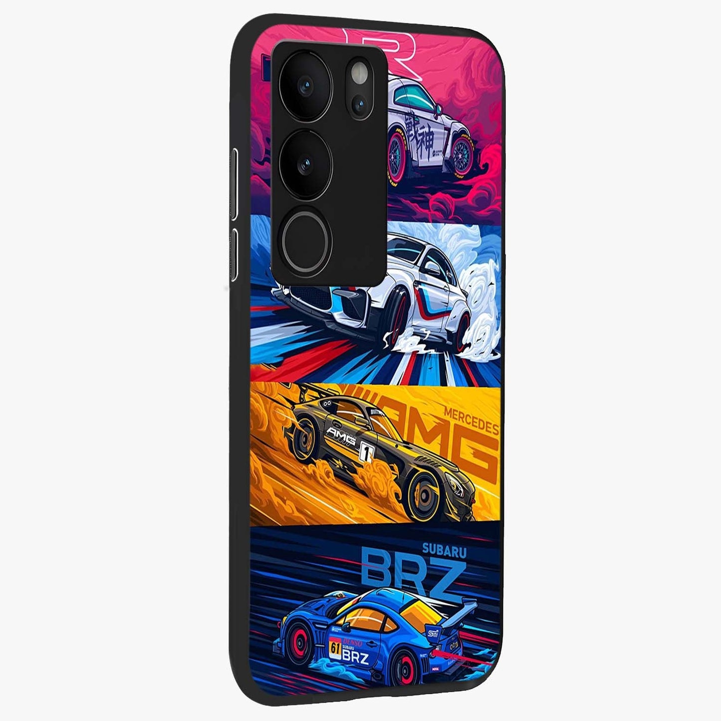 JDM Sports Car Glass Case upright view showcasing dynamic sports car artwork with bold racing theme.