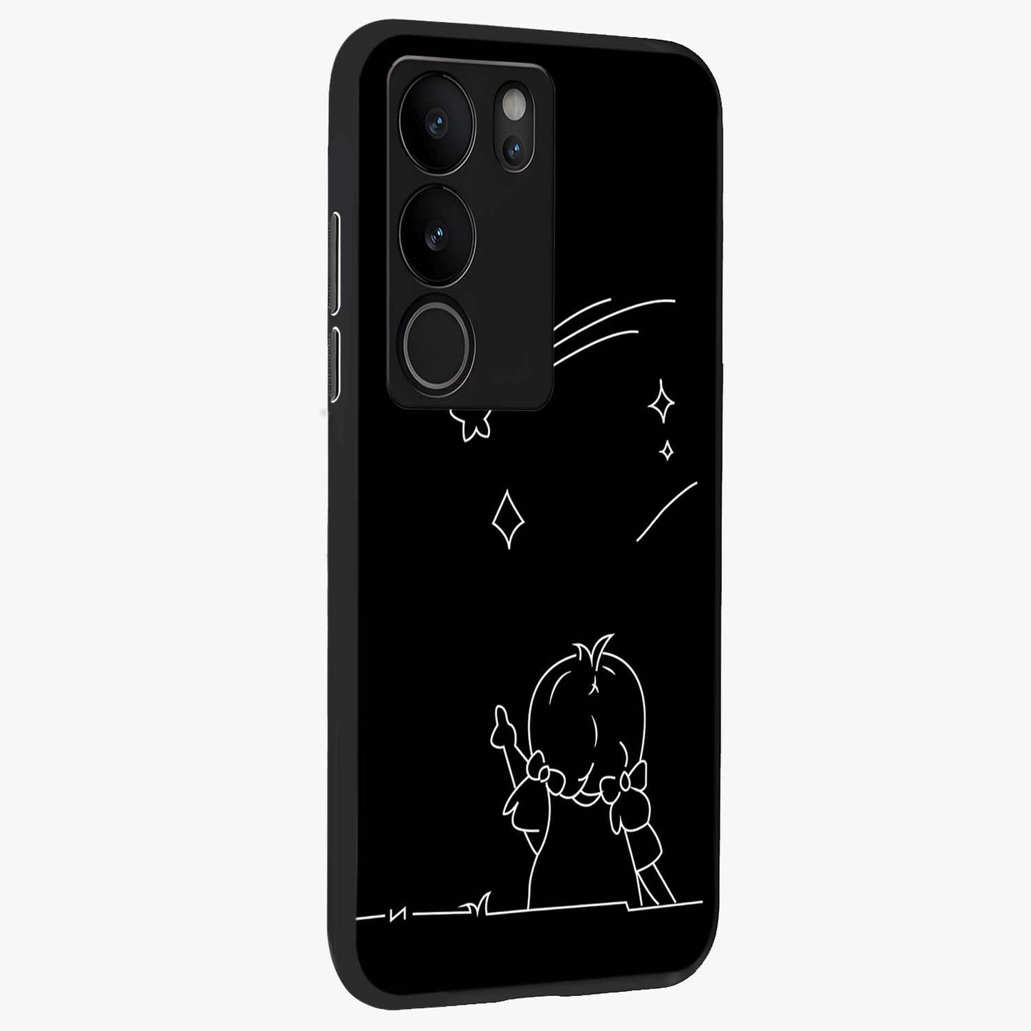 Line Art Girl With Shooting Stars Glass Case upright view showcasing delicate shooting stars artwork with minimal artistic theme.
