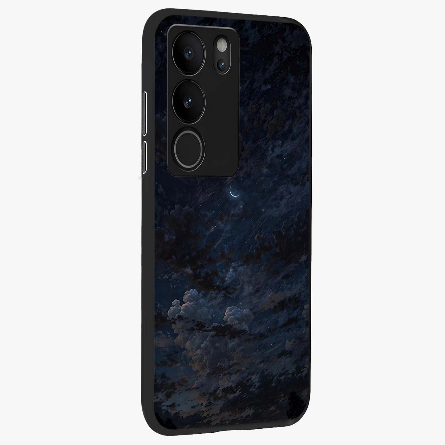 Lunar Veil Silence Glass Case upright view showcasing calm moon themed artwork with serene night atmosphere.