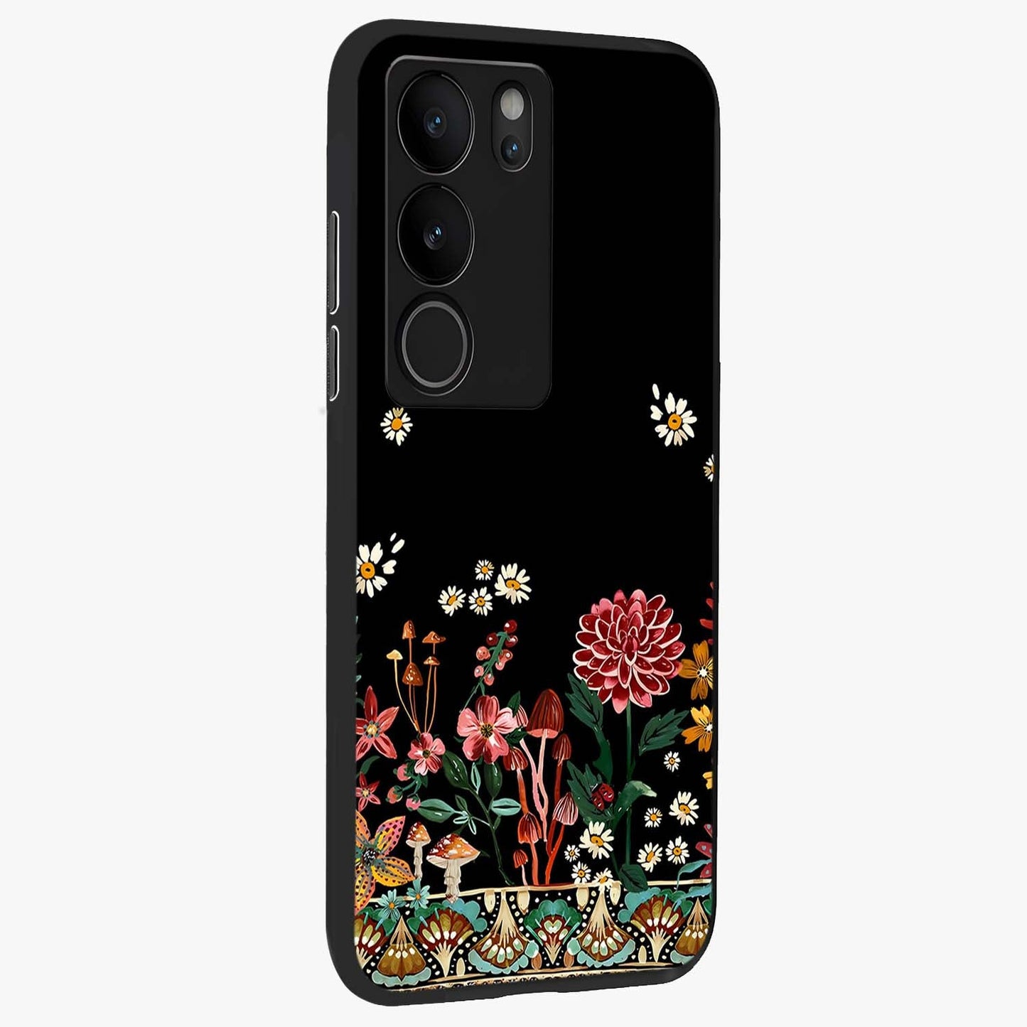 Midnight Bloom Pattern Glass Case upright view showcasing decorative floral artwork with deep night themed palette.