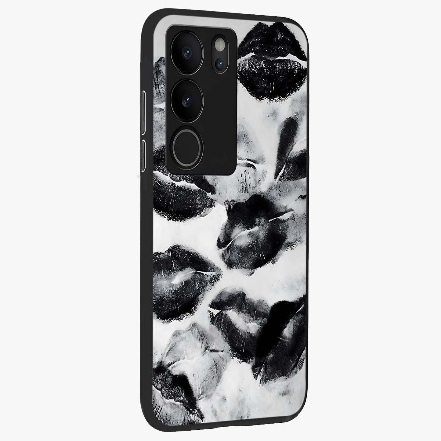 Midnight Kiss Marks Glass Case upright view showcasing stylish kiss mark artwork with trendy romantic theme.