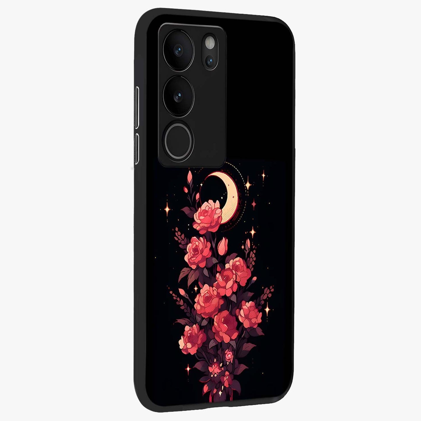 Moonlit Floral Elegance Glass Case upright view showcasing delicate floral artwork with refined night inspired theme.