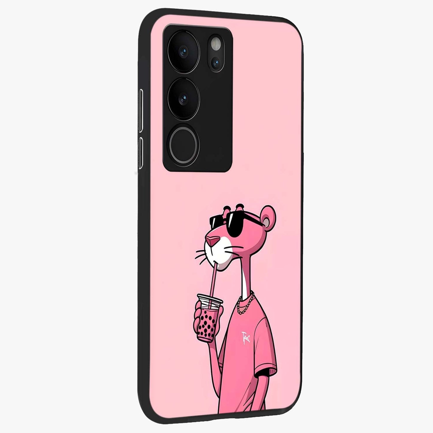 Pink Panther Glass Case upright view showcasing fun animated artwork with stylish retro cartoon theme.