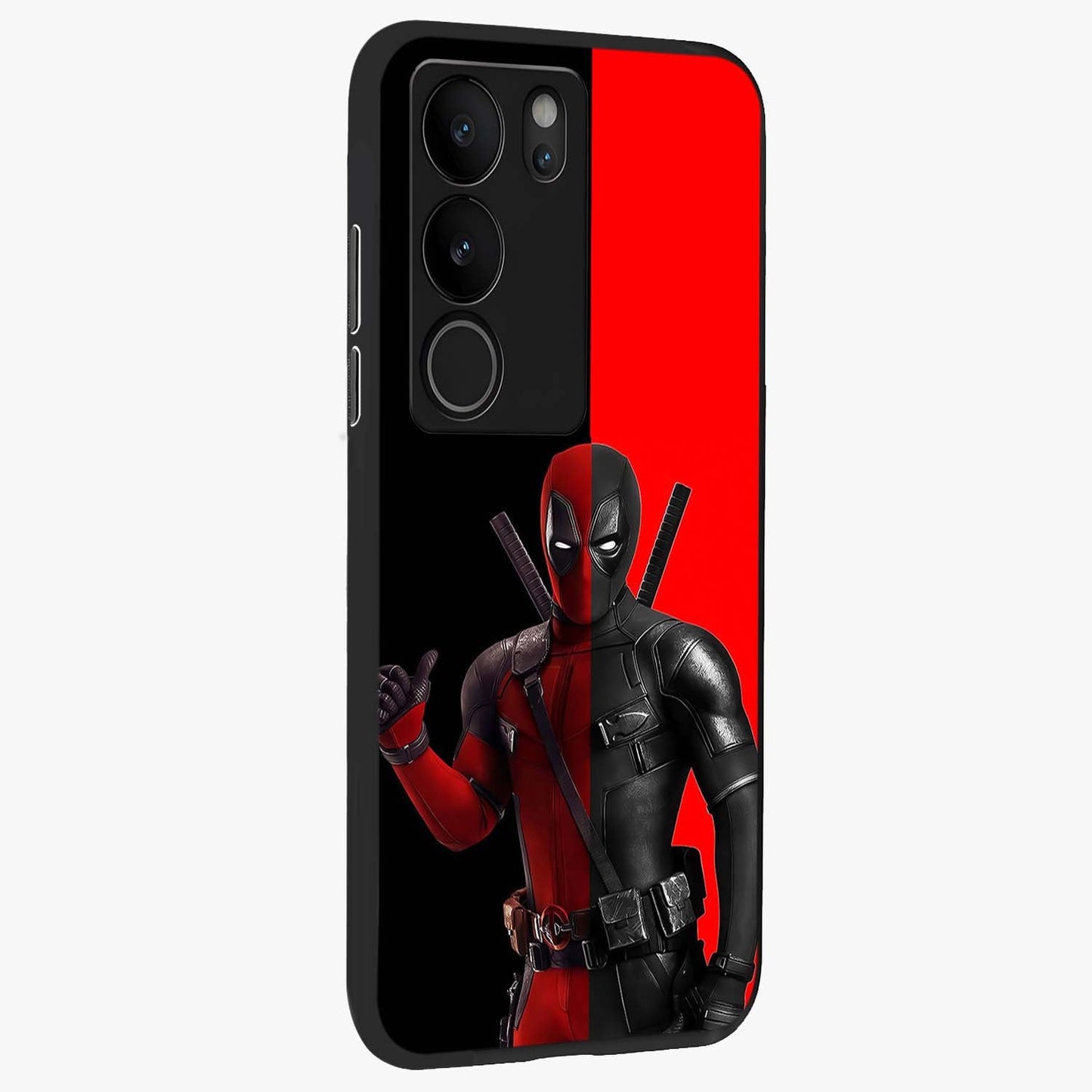 Red & Black Deadpool Theme Glass Case upright view showcasing energetic comic themed artwork with striking red and black design.