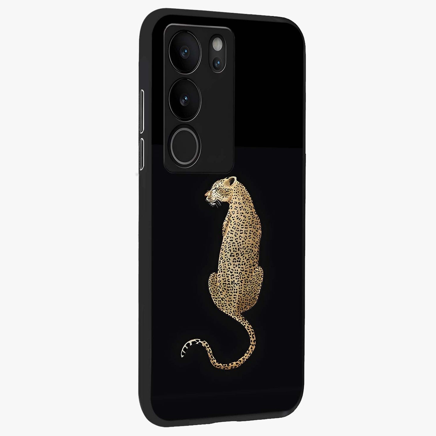 Regal Leopard Glass Case upright view showcasing striking leopard artwork with fierce wildlife theme.
