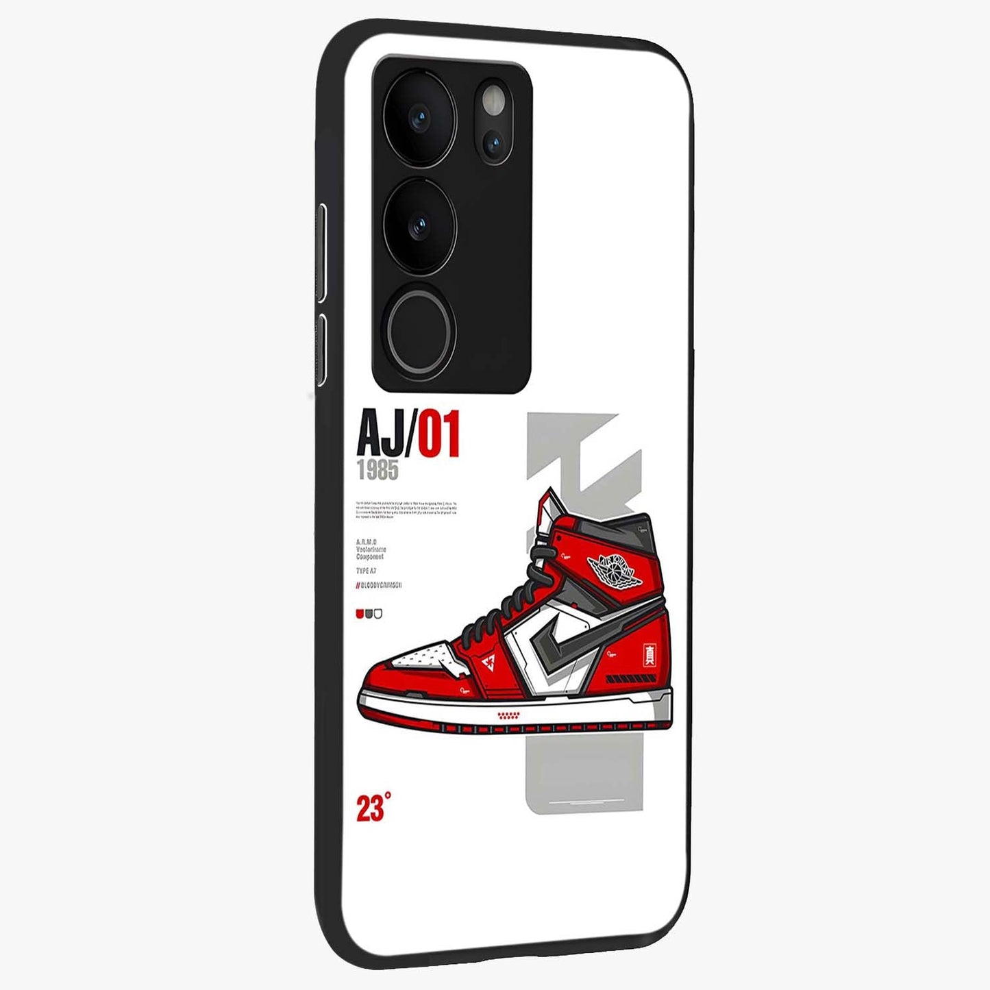 Retro Sneaker Blueprint Glass Case upright view showcasing stylish sneaker illustration with vintage streetwear theme.