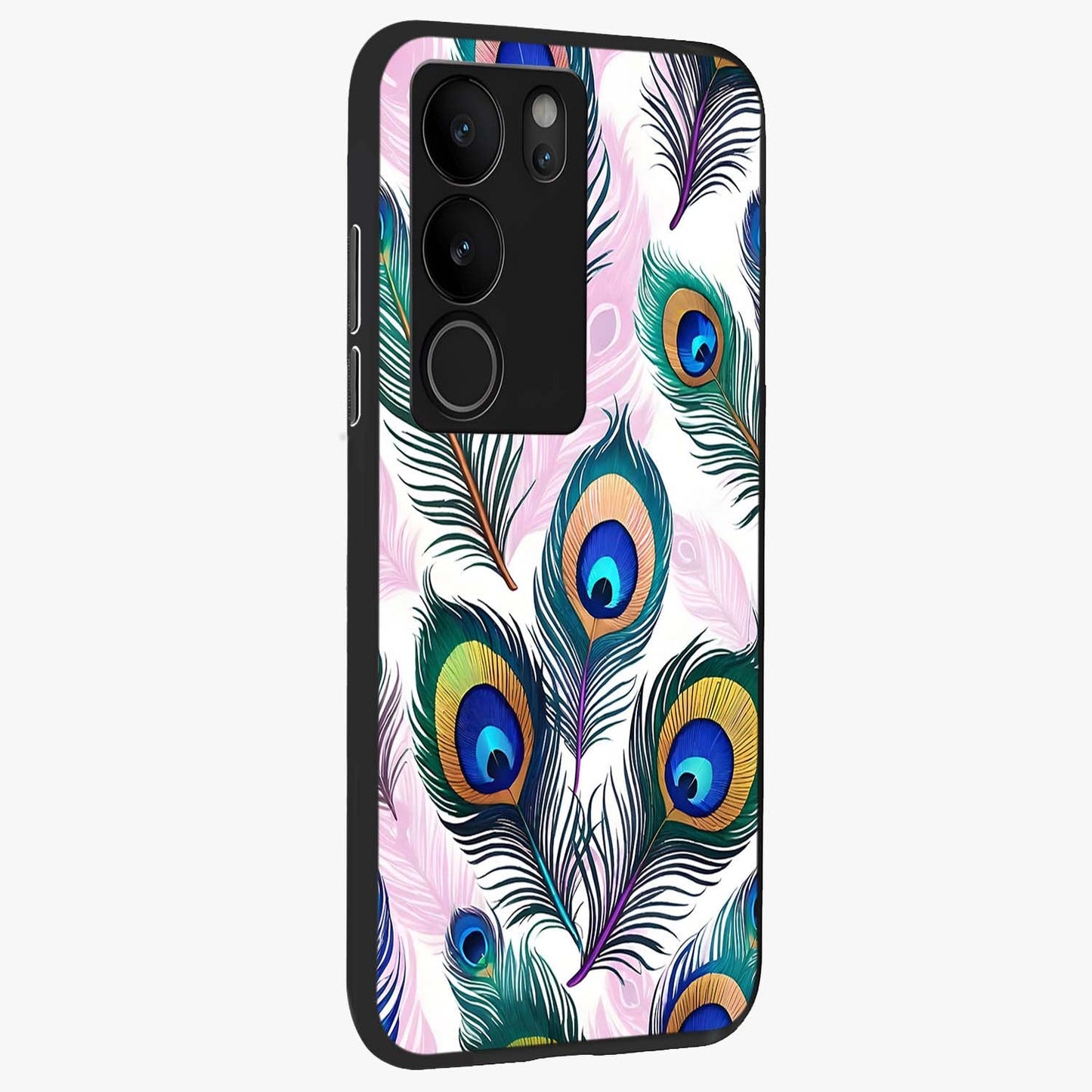 Royal Peacock Feathers Glass Case upright view showcasing elegant peacock feather artwork with decorative royal theme.