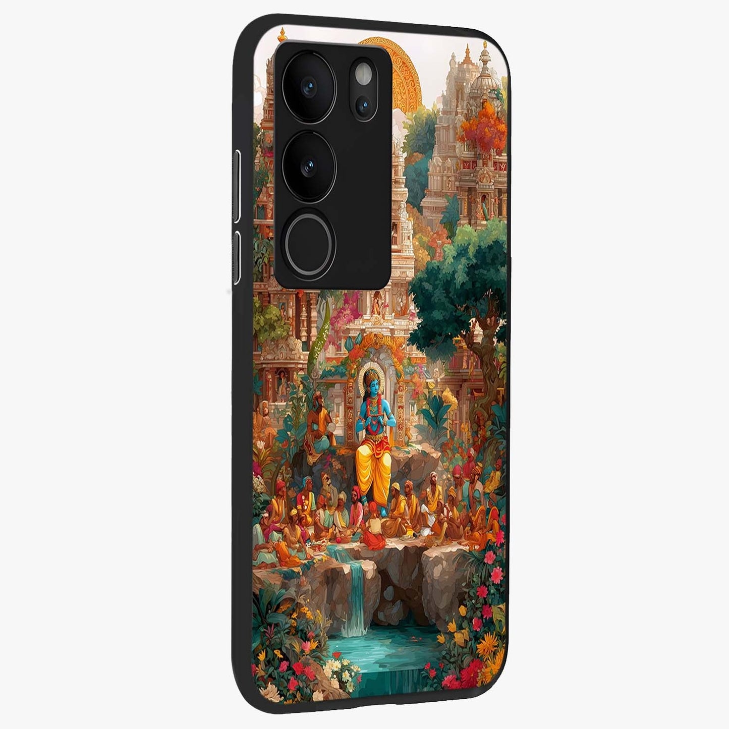 Sacred Sunlight Gods Glass Case upright view showcasing glowing divine artwork with sacred mythological theme.