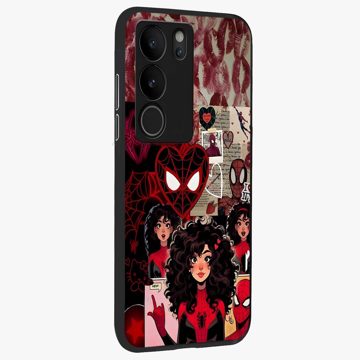 Spider Love Story Glass Case upright view showcasing charming superhero artwork with romantic comic theme.