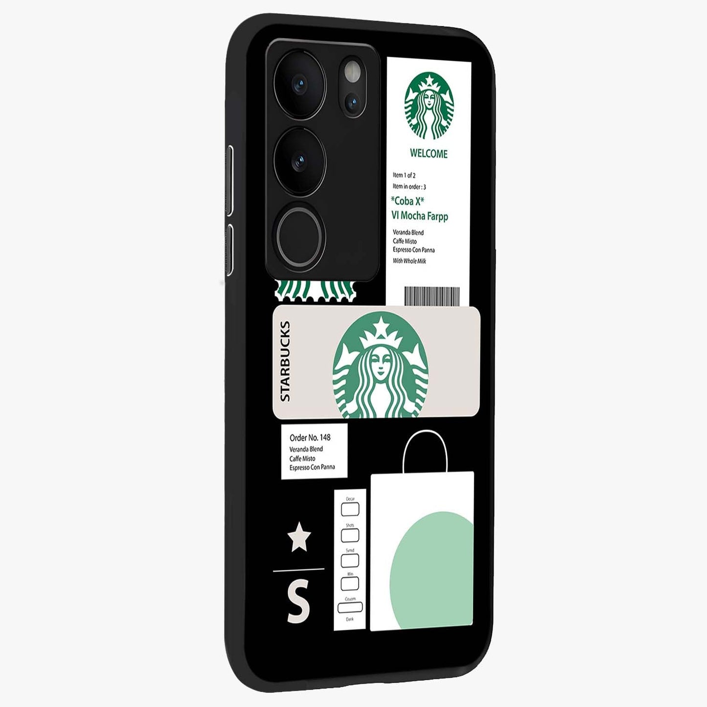 Starbucks Mocha Glass Case upright view showcasing trendy coffee inspired artwork with modern lifestyle theme.