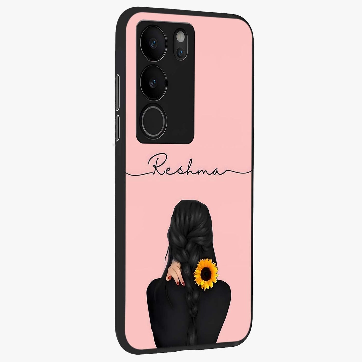 Sunflower Braid Beauty With Custom Name Glass Case upright view showcasing bright sunflower artwork with personalized floral aesthetic.