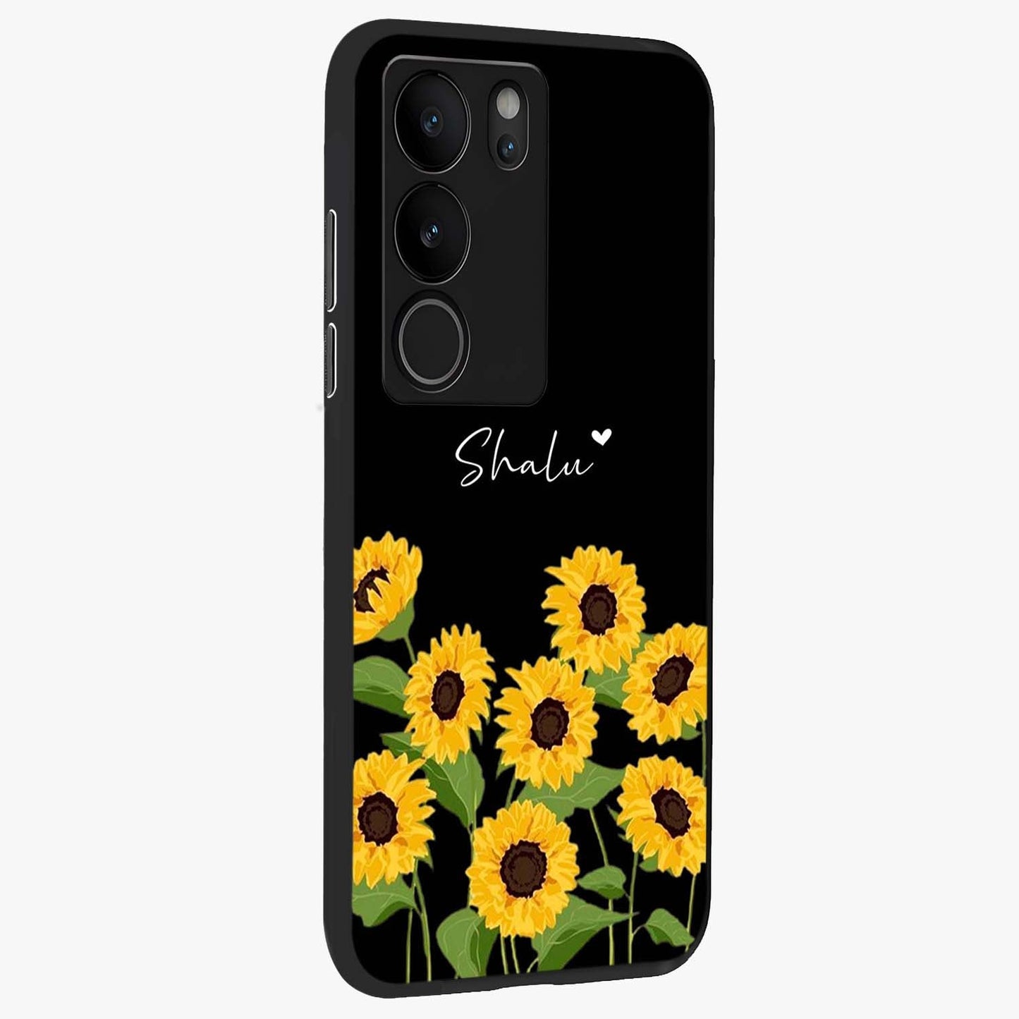 Sunflower Chic Mood Custom Name Glass Case upright view showcasing cheerful sunflower artwork with trendy floral theme.