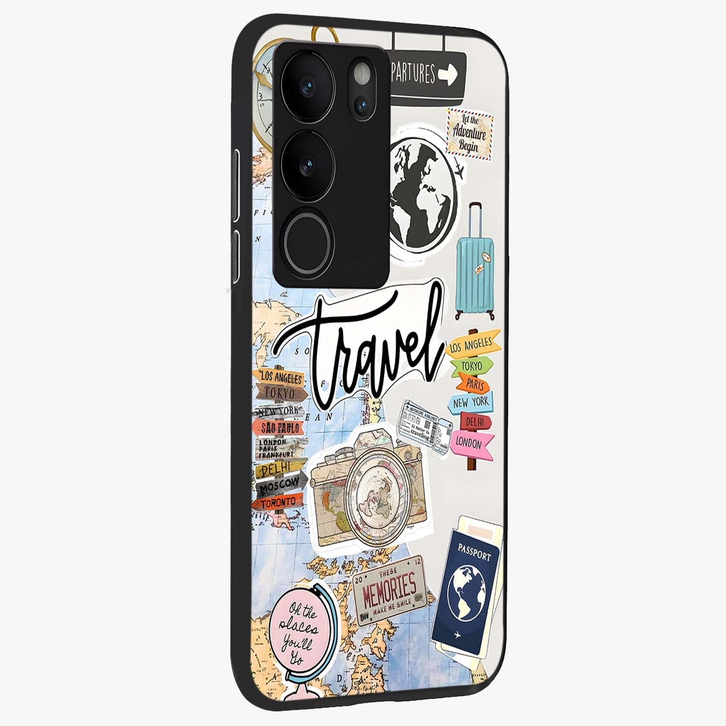 Wanderlust Journal Glass Case upright view showcasing wanderlust inspired artwork with creative exploration theme.