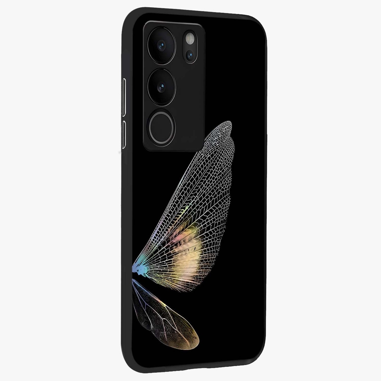 Whispers Of Wings Glass Case upright view showcasing elegant wing artwork with light airy theme.